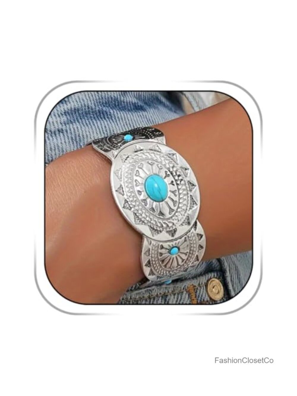 Silver Boho Cuff Bracelet for Women Chunky Turquoise Western Cowgirl Bangle